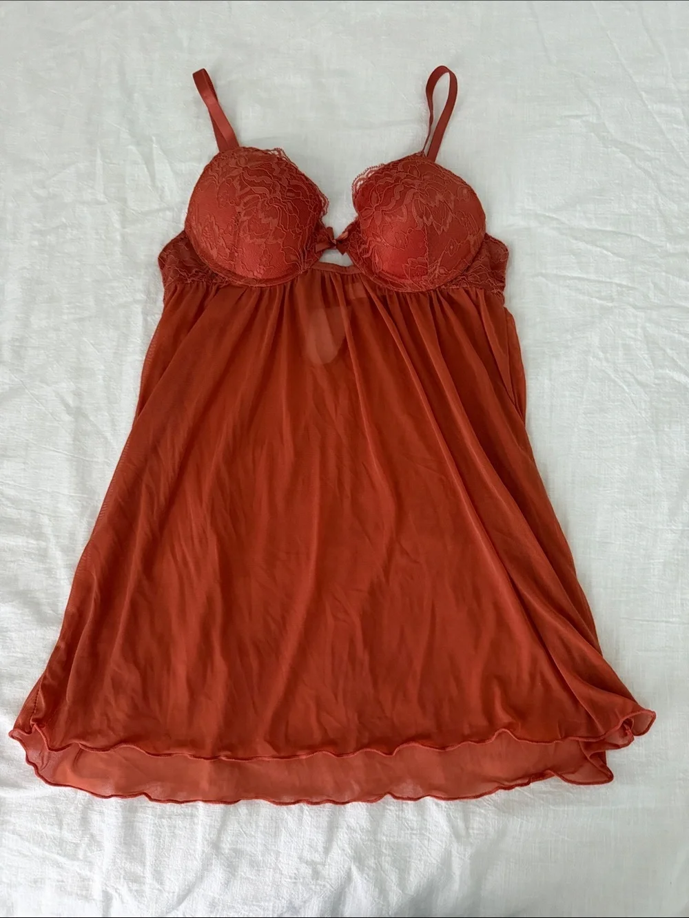 Vintage Y2K Hush Intimates Lace Mesh Babydoll Burnt Orange Top M